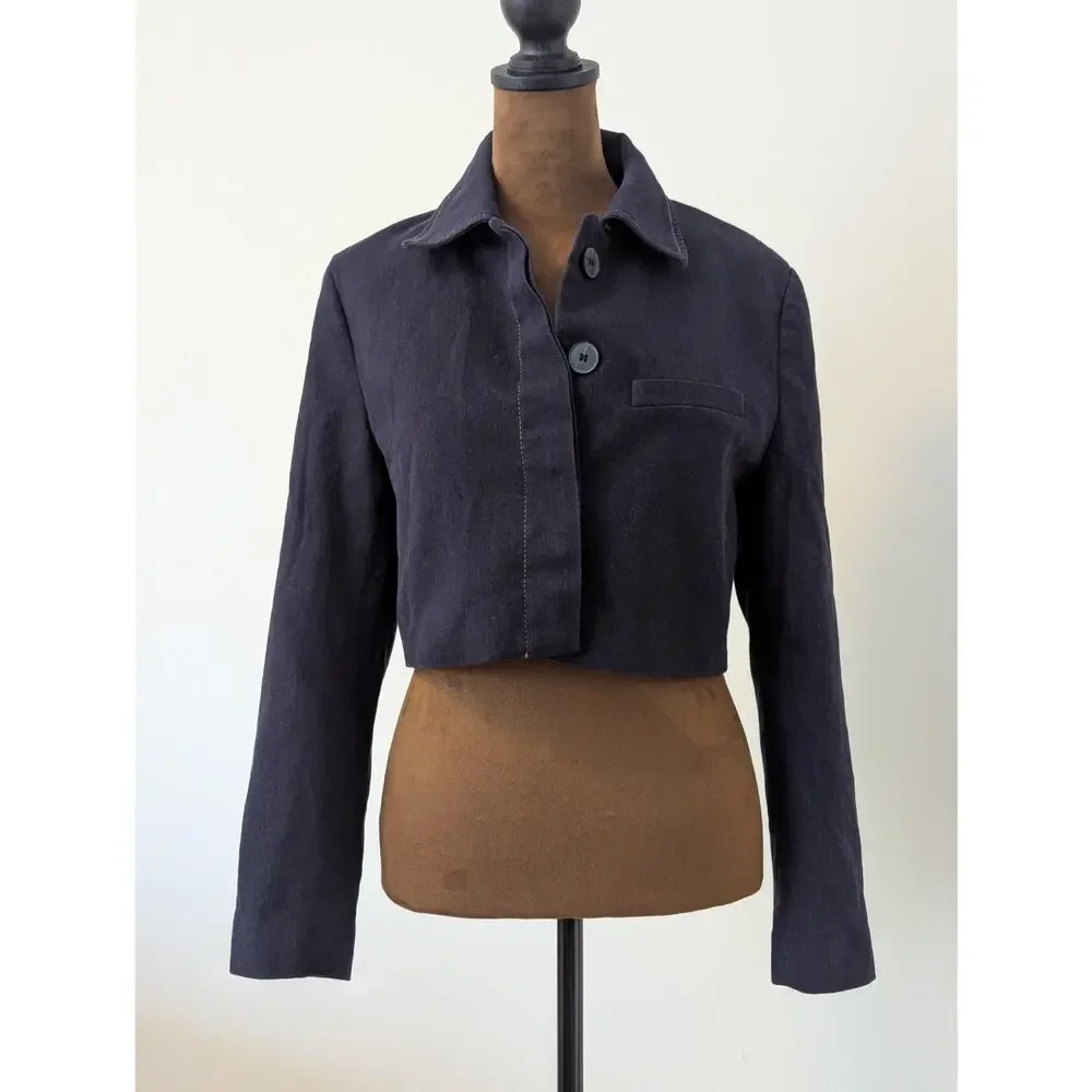 Zara Cropped Suit Jacket Coat Dark Blue Stretchy Denim Button Up Sz M